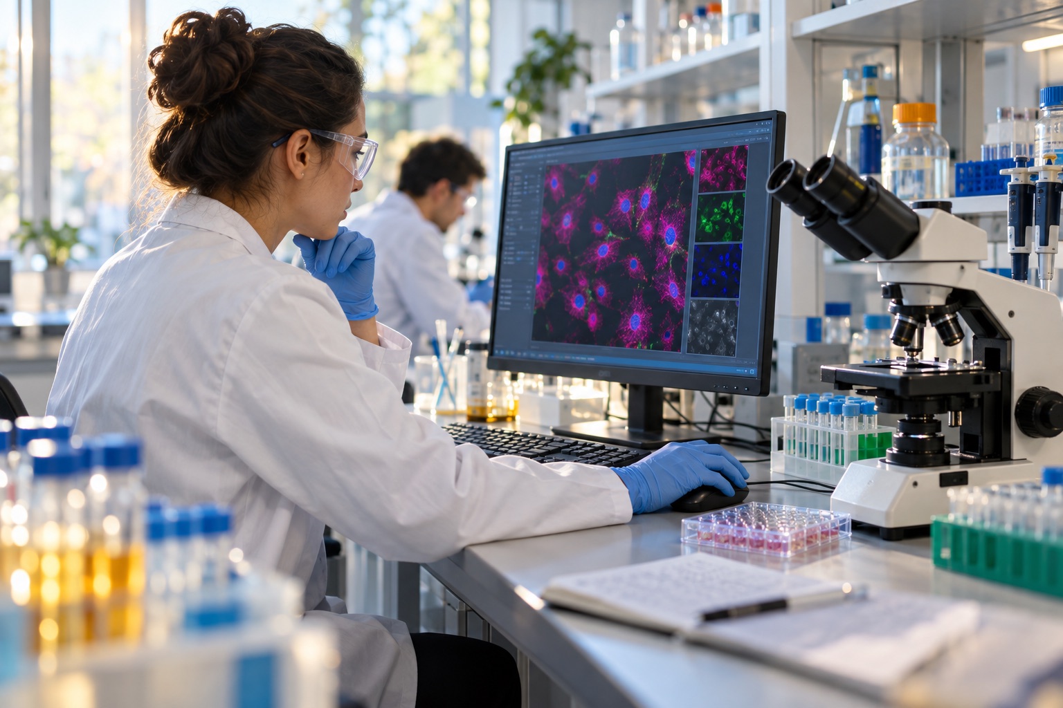 研究人员核对细胞显微图像与实验数据的生物医学研发概念图